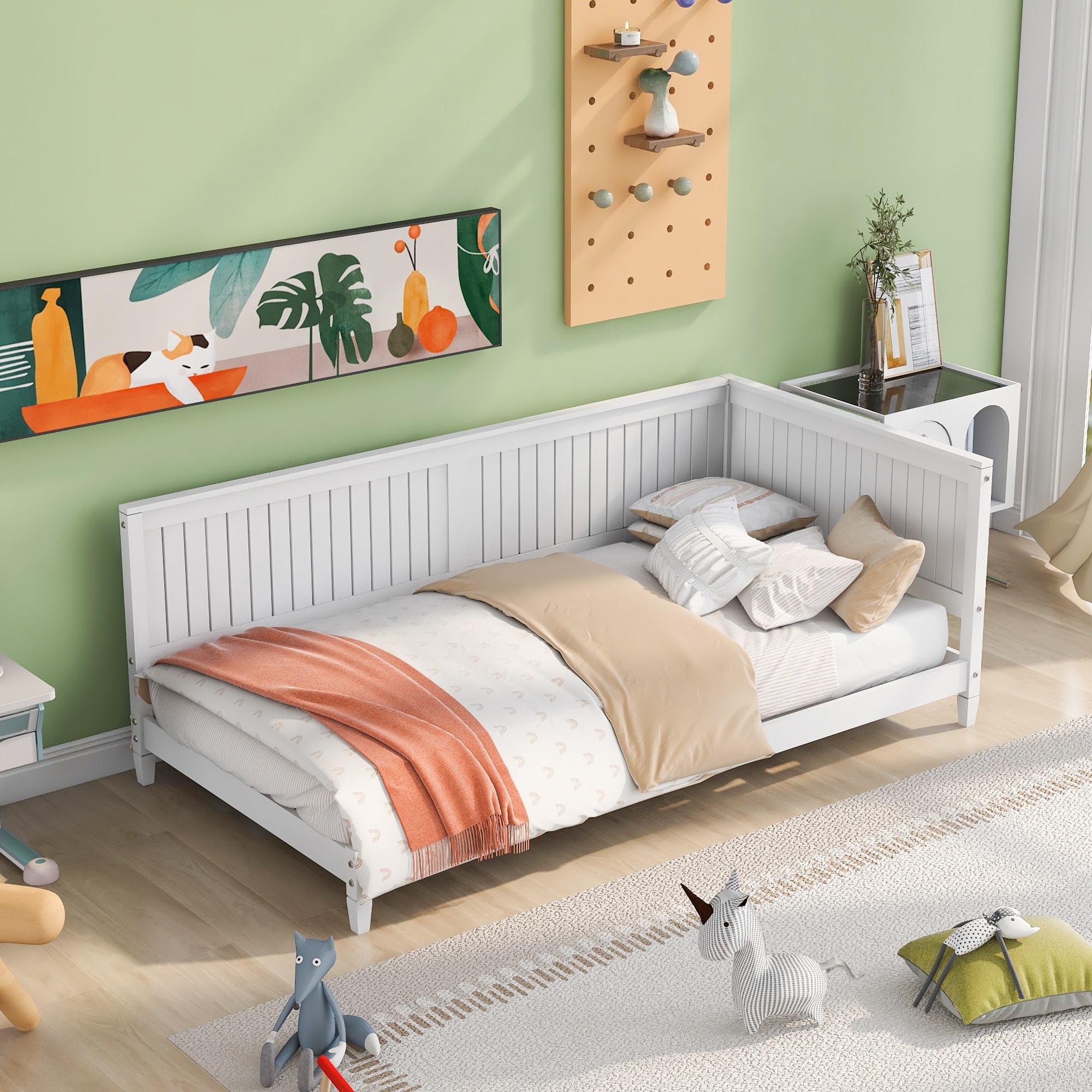 White Twin Wooden Daybed with Backrest & Armrest