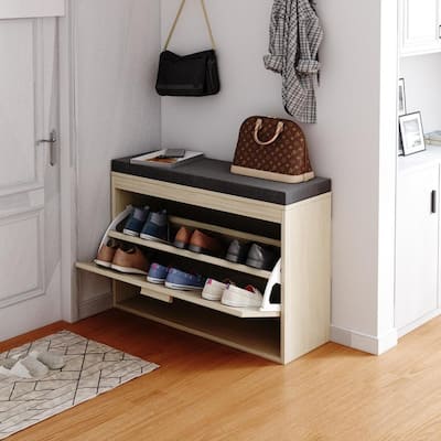 Rattan Shoe Rack Hallway Shoes Srorage Bench with Flip-Drawer and Seat Cushion