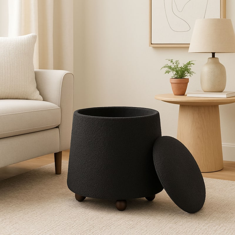 Modern Mushroom Round Ottoman with Storage and Plush Teddy Upholstery
