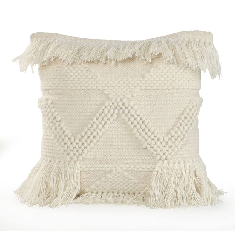 20" Off-White Textured Square Throw Pillow with Fringe