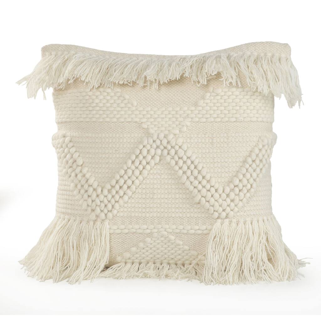 20" Off-White Textured Square Throw Pillow with Fringe