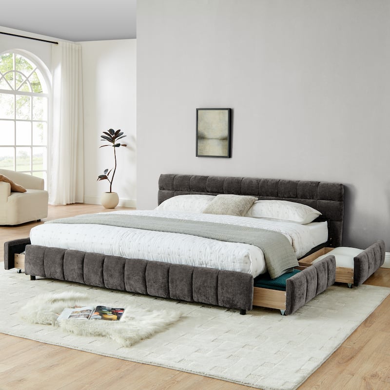 Block Thick Chenille Low Profile Platform Bed Fabric Upholstered Bedframe with Headboard Solid Wood Frame - Optional Storage Bed