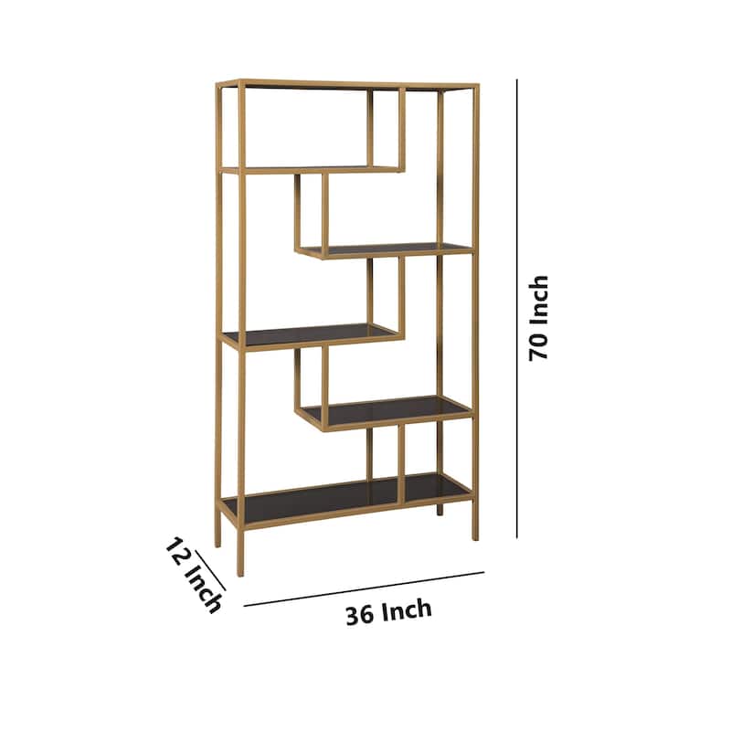 Metal Frame Bookcase with 5 Tiered Display Glass Shelves, Gold and Black - 70 H x 12 W x 36 L