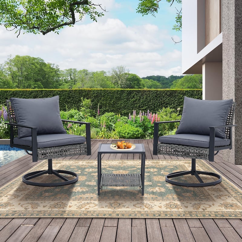 Ainfox 3 Pieces Patio Outdoor Furniture Set with Coffee Table, PE Wicker Swivel Rocking Chairs - Grey