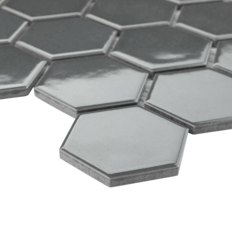 Merola Tile Metro 2" Hex Glossy Grey 11-1/8" x 12-5/8" Porcelain Floor and Wall Tile