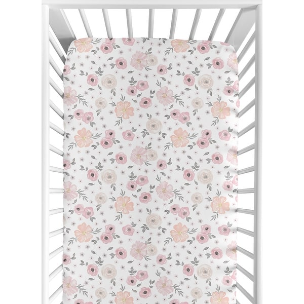 slide 2 of 6, Floral Collection Girl Jersey Knit Fitted Crib Sheet - Blush Pink, Grey and White Boho Shabby Chic Rose Watercolor Flower