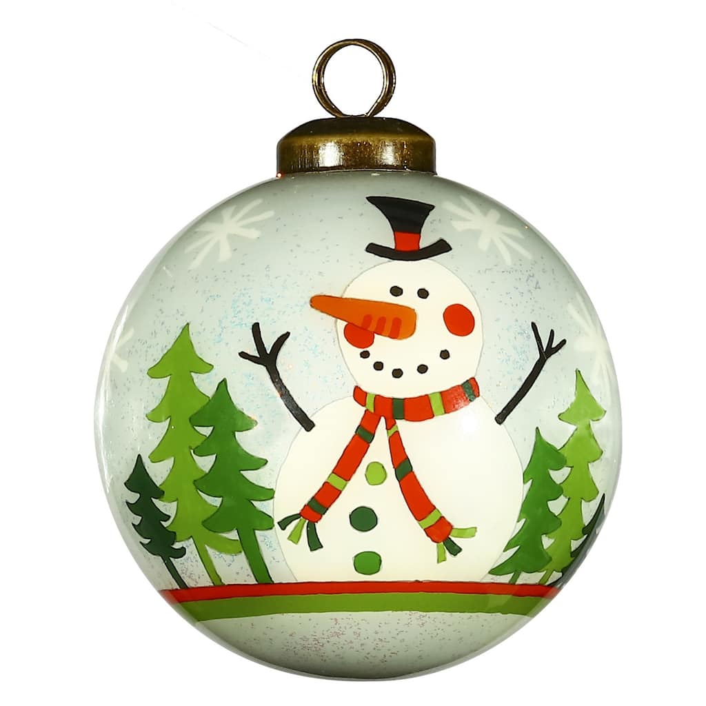 Festive Glitter Snowman Hand Painted Mouth Blown Glass Ornament - 3" x 3" x 3"