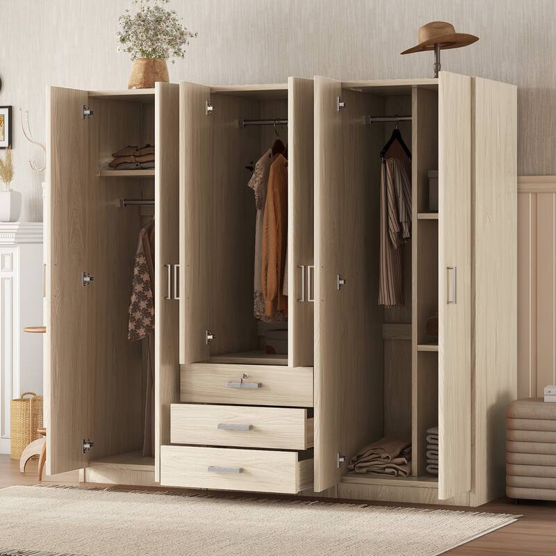 GDFStudio - Caldra 6-Door Wooden Wardrobe with Large Drawers and Contemporary Storage Design - 6-Doors Wooden Wardrobe Storage - Brown