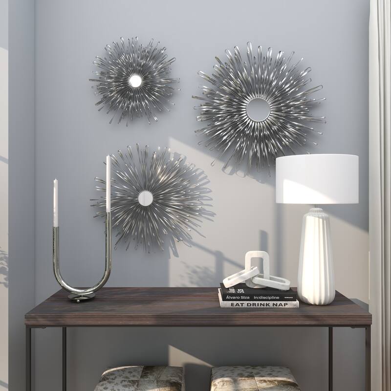 Metal 3D Looped Sunburst Wall Decor with Mirrored Center (Set of 3) - Silver or Gold