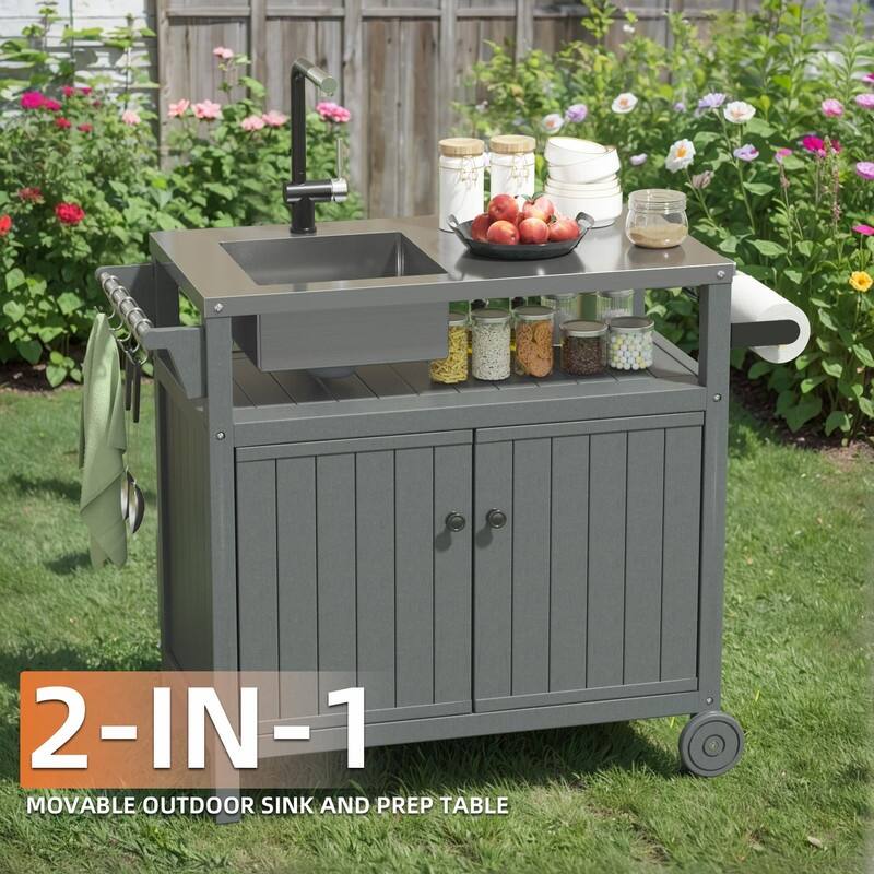 HDPE Outdoor Grill Cart with Sink,Cabinet and Cover, 42 inch Freestanding Modular Kitchen Sink Station in 304 Stainless Steel