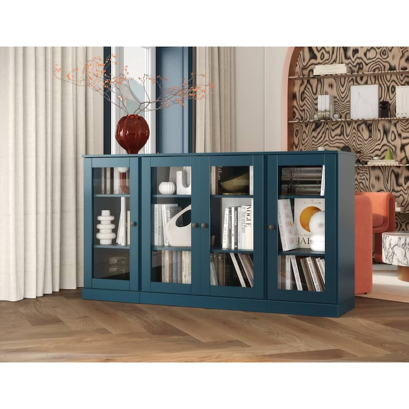 Palace Imports 100% Solid Wood 65" Sideboard with Clear Glass Doors and Adjustable Shelves - Teal Blue