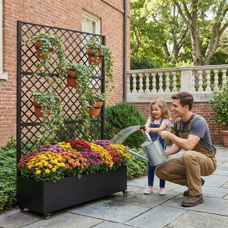 Raised Garden Bed Planter with Trellis Movable Planter Box with Lockable Wheels