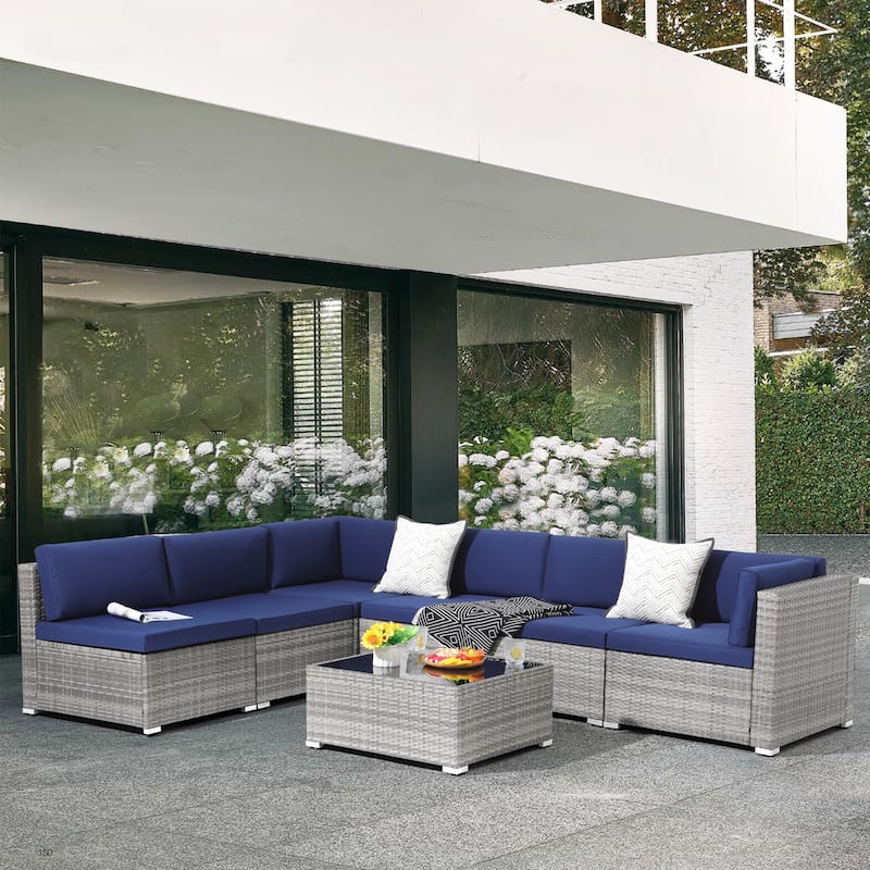 7 pieces Patio Wicker Sectional Sofa Set with Cushions - Navy Blue