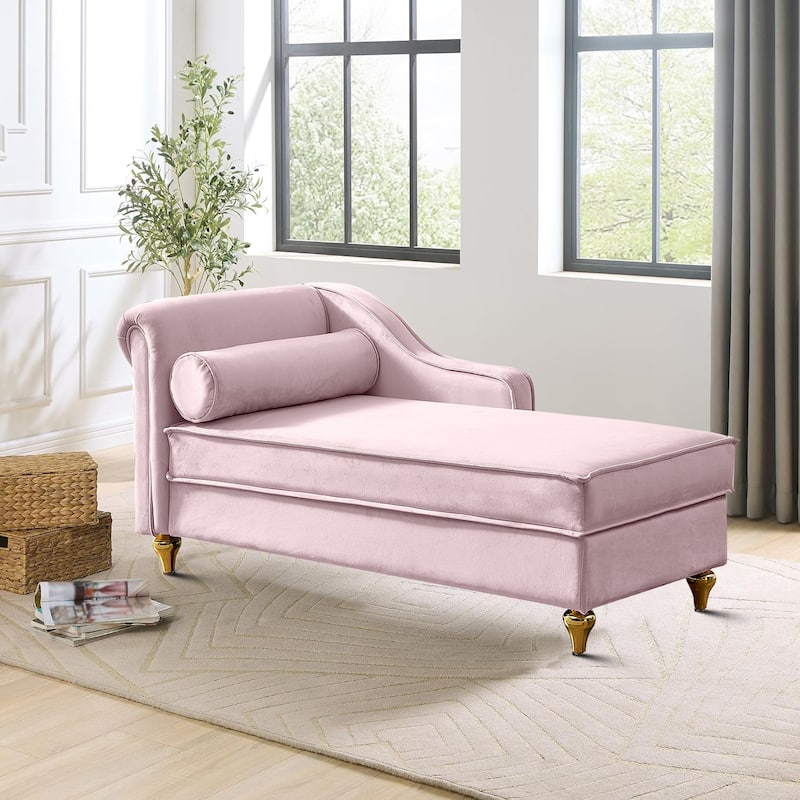 French Elegant Velvet Upholstered Storage Chaise Lounge Chair with a Pillow - Pink