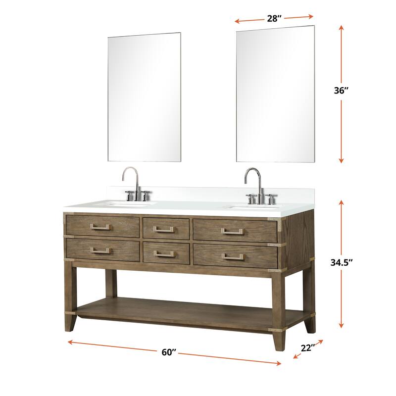 Norwalk 60 in W x 22 in D Black Oak Double Bath Vanity, Cultured Marble Top, Faucet Set, and 28 in Mirrors