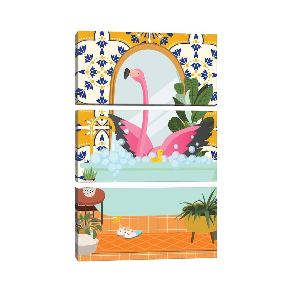 iCanvas "Flamingo In Boho Bathroom With Moroccan Tile" by Jania Sharipzhanova 3-Piece Canvas Wall Art Set