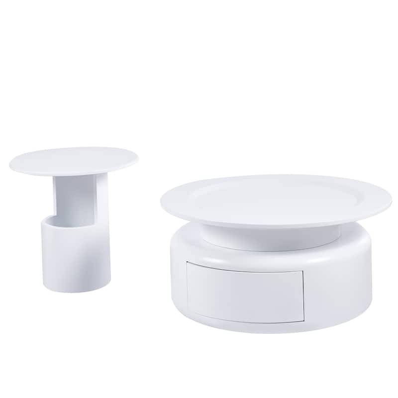 2 Pieces White MDF Round Coffee Table Set for Living Room
