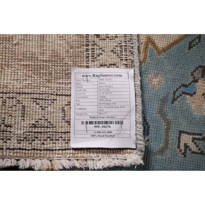 Light Blue Geometric Tabriz Persian Vintage Rug Handmade Wool Carpet - 9'7"x 12'8"