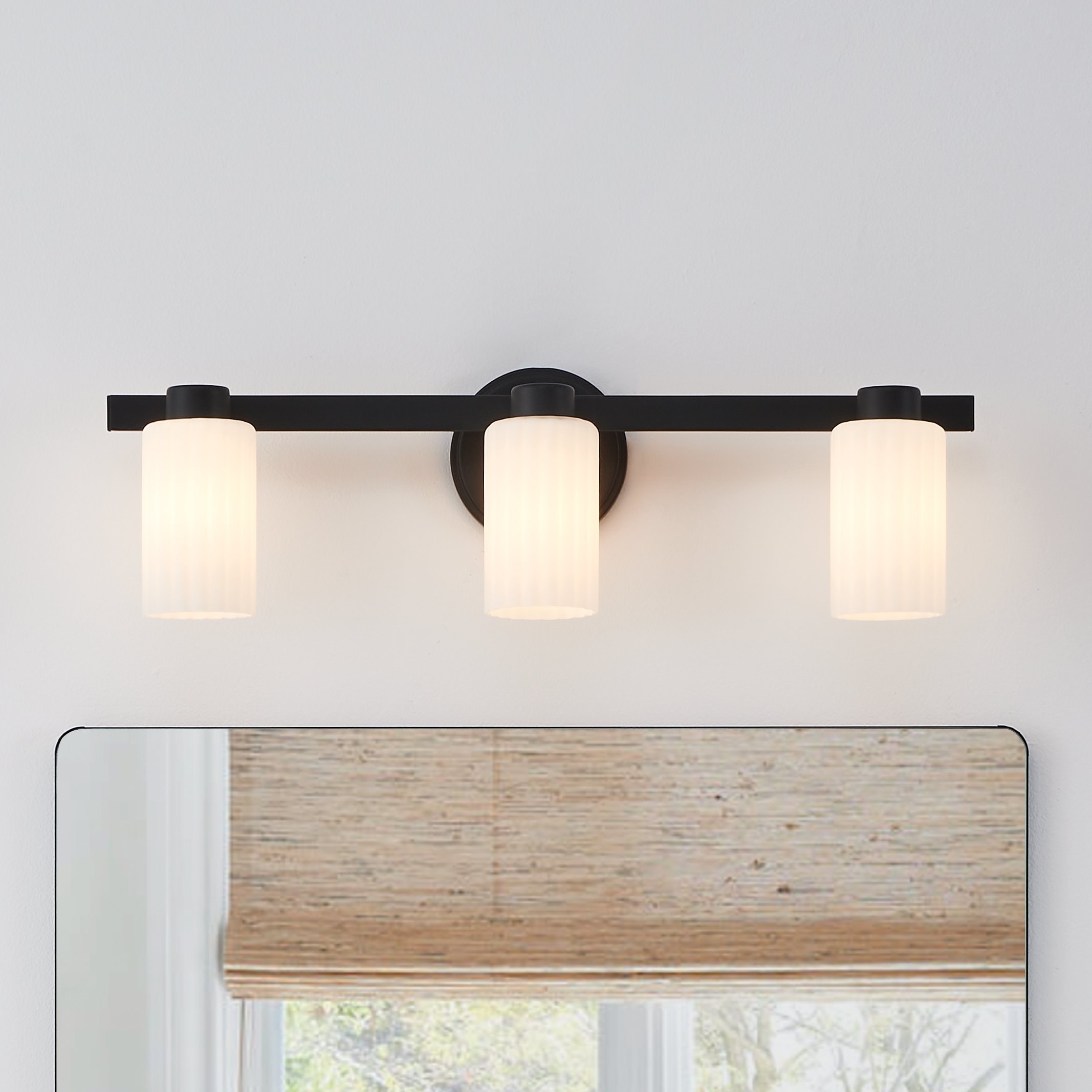Thesis Bedminster 24-inch 3-light Matte Black Vanity Light with Etched Opal Ribbed Glass Shades