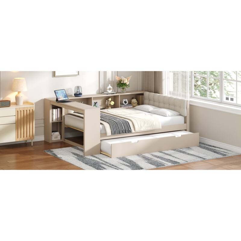 Roomfitters Twin/Full Wood Platform Bed with Trundle, Charging Station and Upholstered Headboard