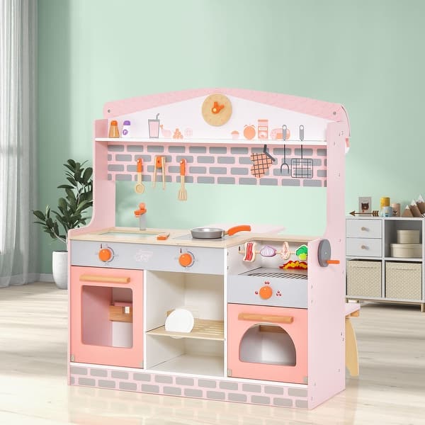 slide 2 of 9, Double-Sided Kids Play Kitchen Set with Canopy and 2 Seats - 31" x 12" x 36" (L x W x H) Pink