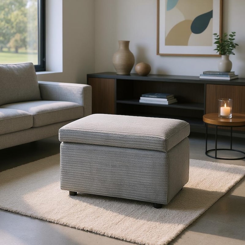 Fabric Storage Ottoman with Hidden Compartment - Dark Grey - Corduroy Upholstered