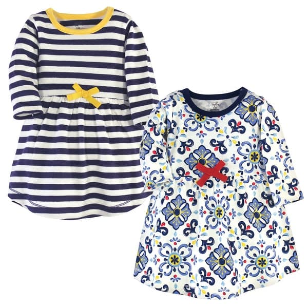 slide 1 of 1, Touched by Nature Baby and Baby Girl Organic Cotton Long-Sleeve Dresses 2pk, Pottery Tile 0-3 Months - Baby Toddler Pottery Tile Long Sleeve