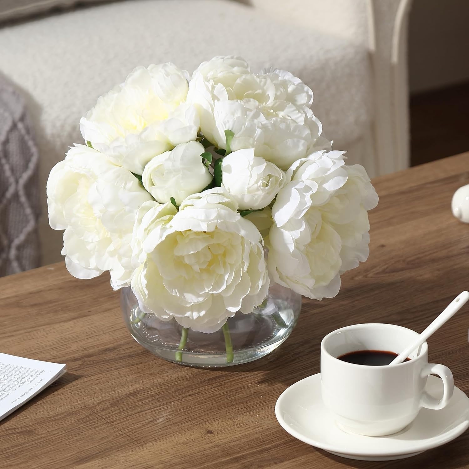 Real Touch Silk Peonies in Glass Vase, 6 Stems with Faux Water, Wedding & Home Decor