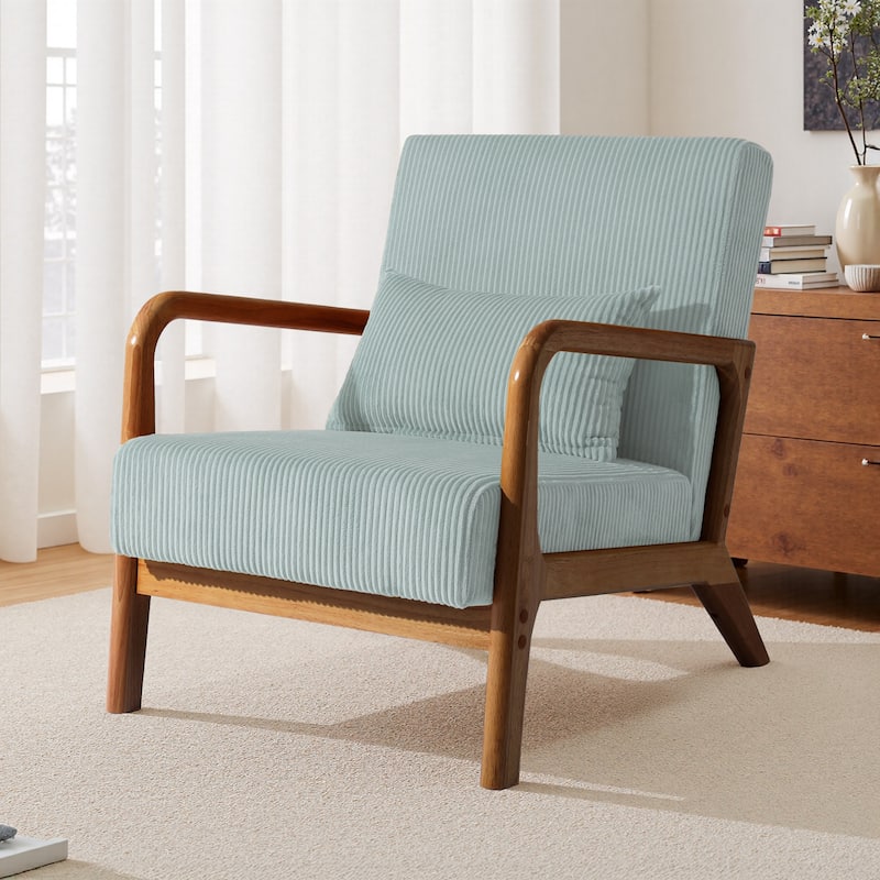 25" W Mid Century Upholstered Wood Accent Chair with Pillow - Dark Wood - Light Blue
