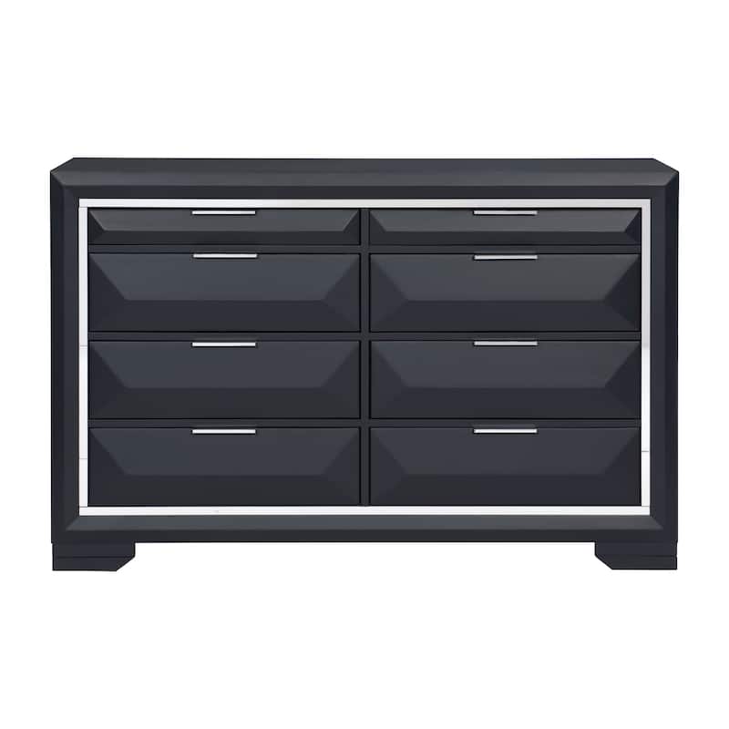 Rosy 60 Inch Dresser, 8 Drawers, Chrome Metal Accents, Midnight Blue Wood