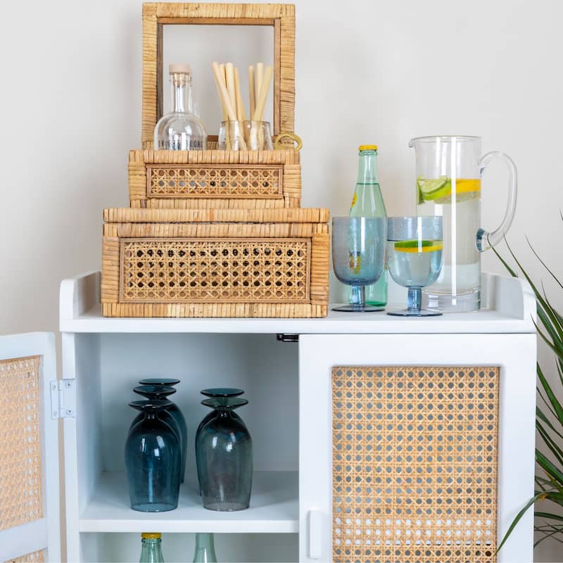 Woven Wood and Rattan Display Boxes with Glass Lids