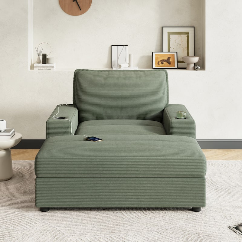 42.8" Oversized Chaise Lounge Chair with Storage Ottoman, Corduroy Sofa Bed with Cup Holders & USB Charging Port