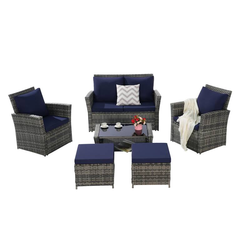 6-Piece Outdoor Patio Rattan Conversation Sofa Set with Tempered Glass Coffee Table