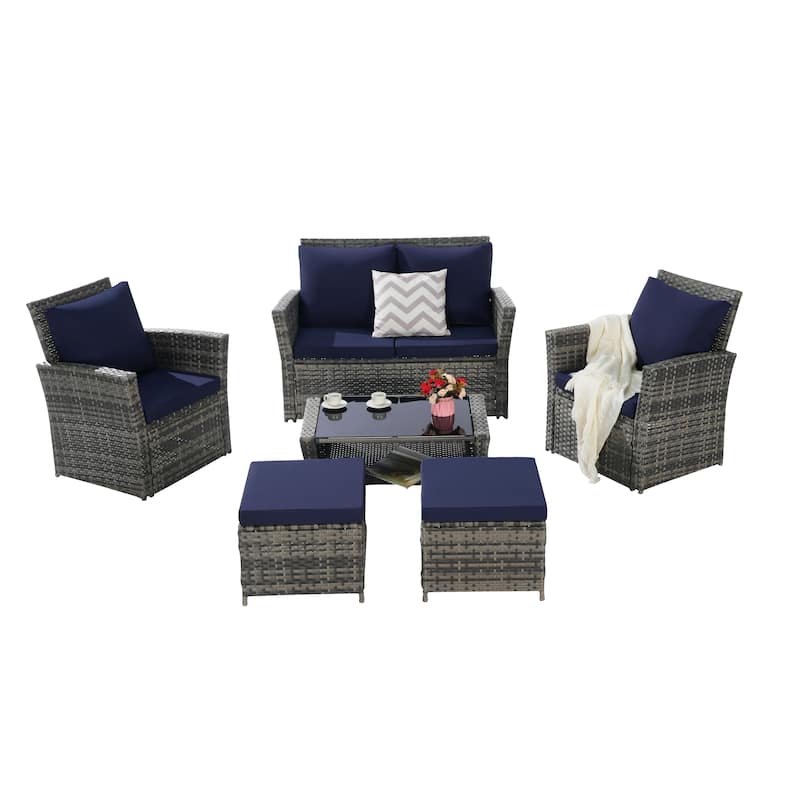Patio Wicker Furniture Sets with Ottoman & Tempered Glass Coffee Table