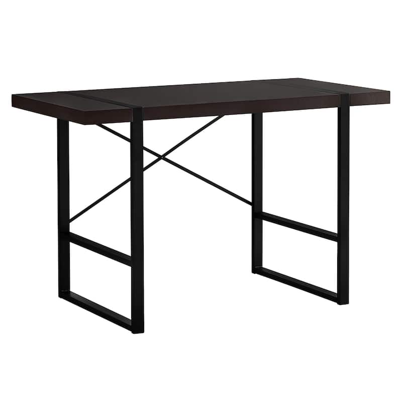 Wood Veneer Computer Desk with Black Metal Base and Rectangular Shape - Dark Brown