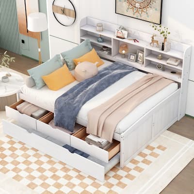 Full Size Wooden Bed with Bookcase Headboard, Three Storage Drawers, and Trundle for Space-Saving Design
