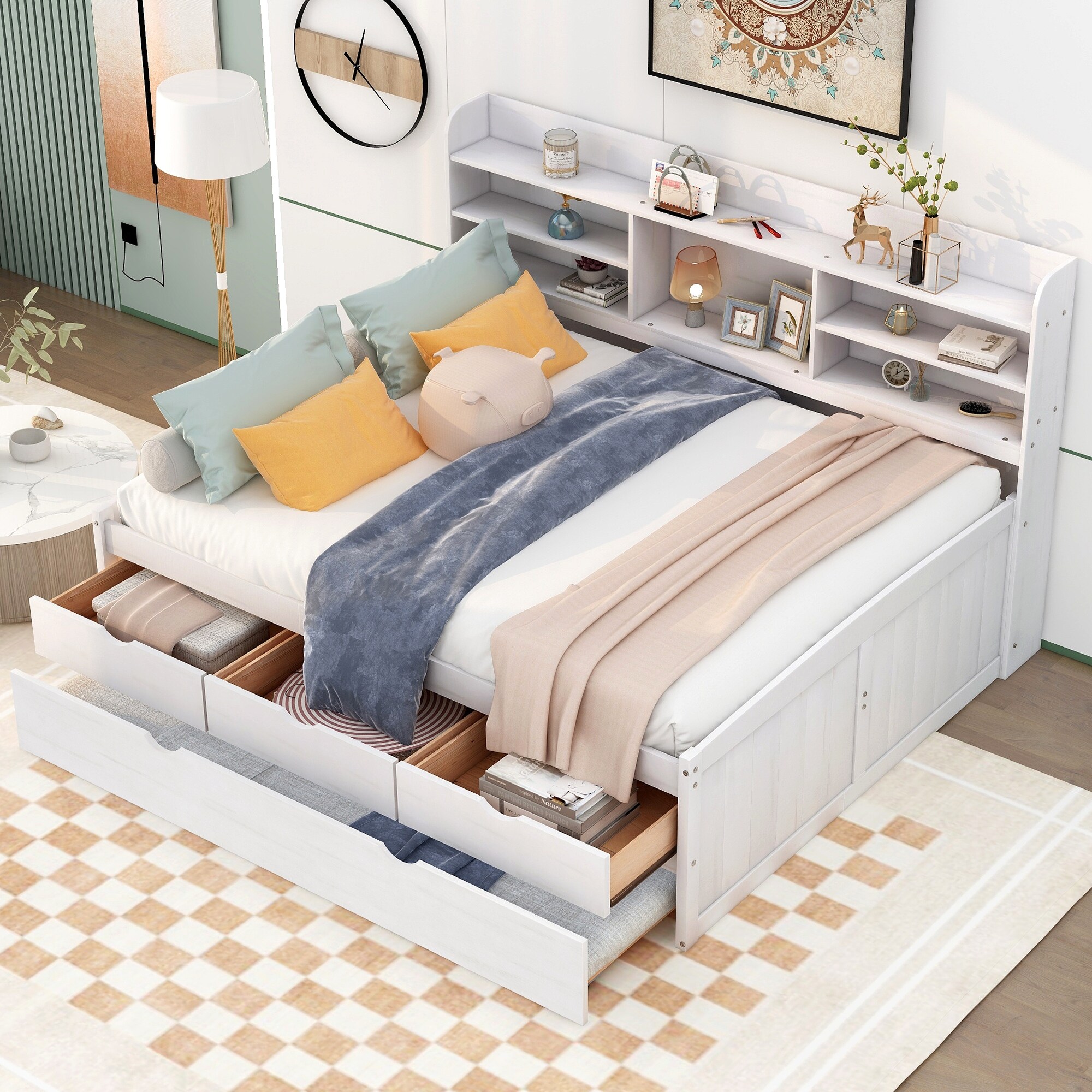 White Full Captain Bed w Bookshelves 3 Storage Drawers and