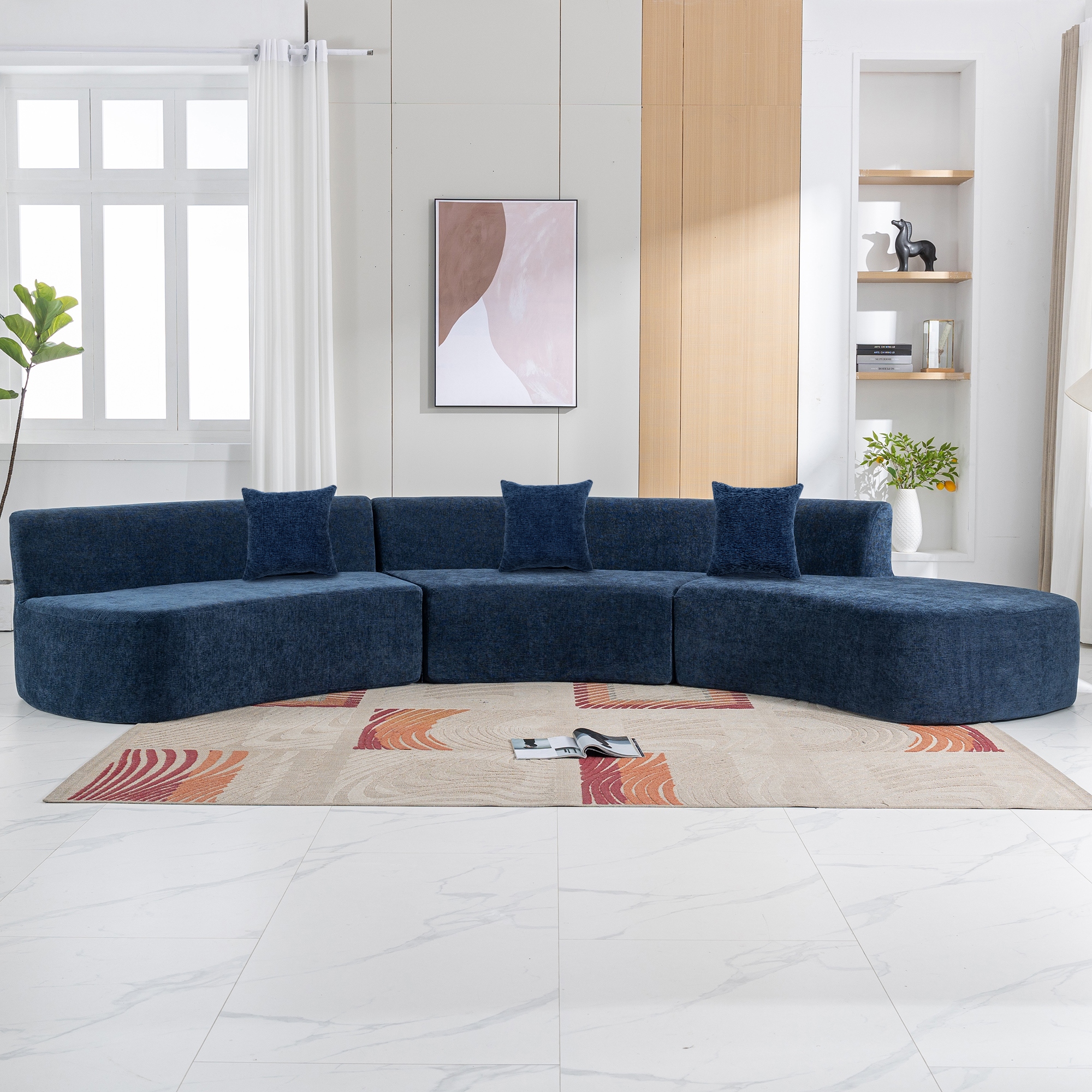 136.6 Luxury And Elegance Chenille Fabric Curved Sectional Sofa Couch With Three Throw Pillows Beige