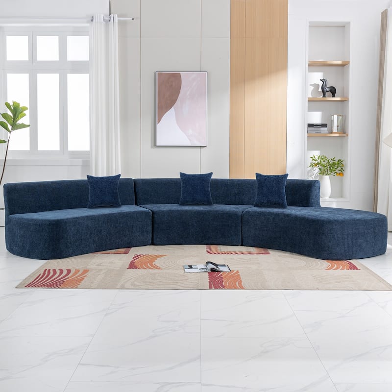 136in Stylish Curved sofa Sectional Sofa Chenille Fabric Sofa Couch with Three Throw Pillows for Living Room,