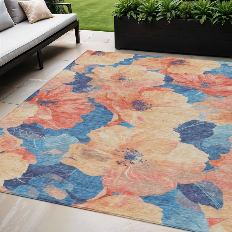 HomeRoots Floral Transitional Rectangle Outdoor Rug - Peach/Blue - 5' X 8'