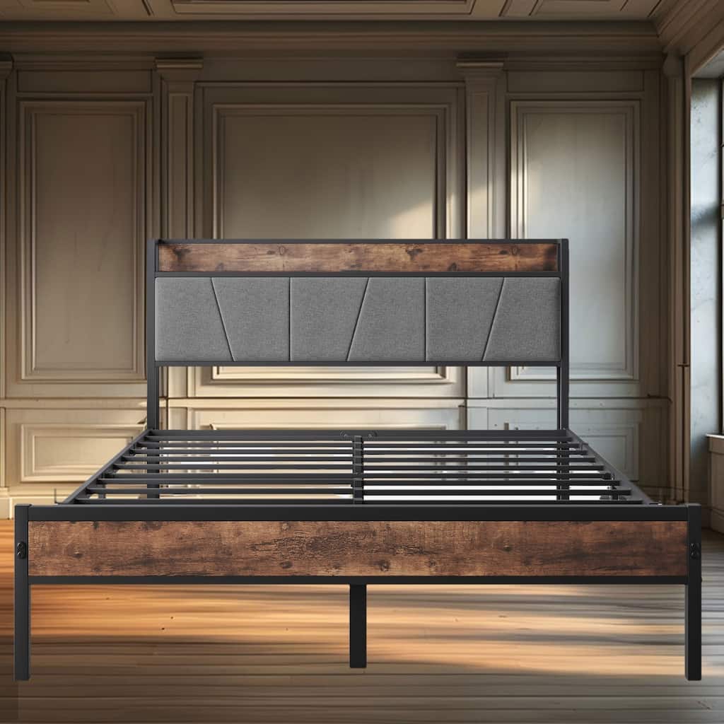Queen Size Bed Frame with Storage Headboard, USB Ports, Charging Station, No Box Spring Needed