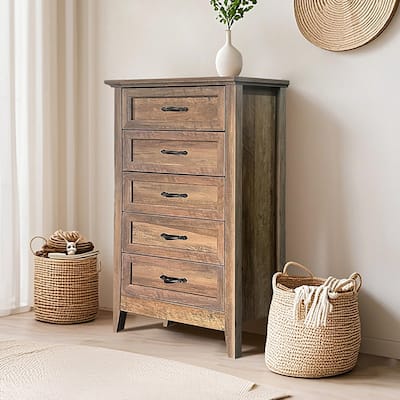 5 Drawer Vintage Wood Dresser, Tall Modern Wood Storage Chest