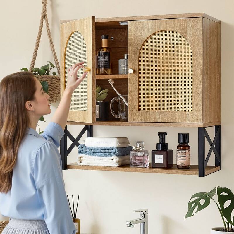 Natural Bathroom Wall Cabinet with Adjustable Shelf 3-Layer Storage for Bottles or Toiletries - 23” x 10” x 23”