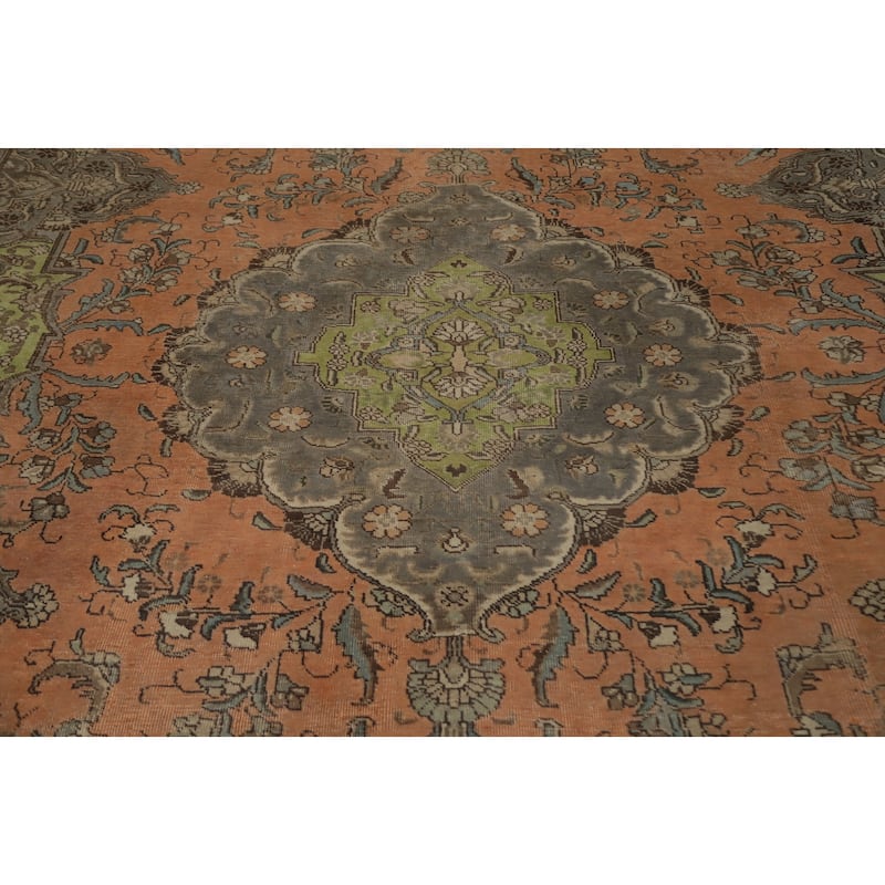Hand Knotted Oriental 100% Wool Carpet Traditional Floral Oranges & Rust Tabriz Area Rug - 12' 7'' X 10' 1''