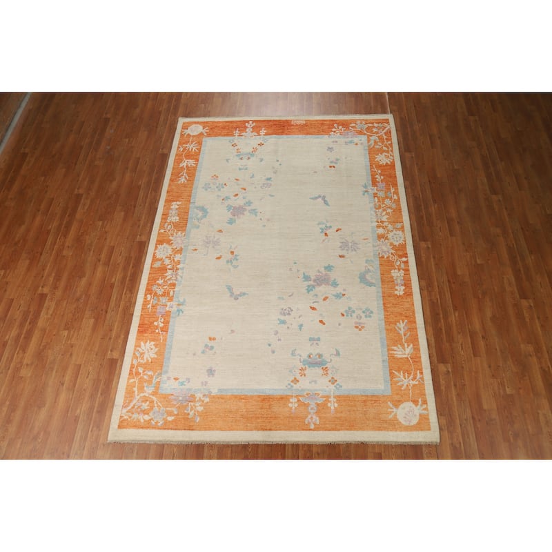 Vegetable Dye Floral Art Deco Turkish Area Rug Handmade Wool Carpet - 6'10"x 9'11"