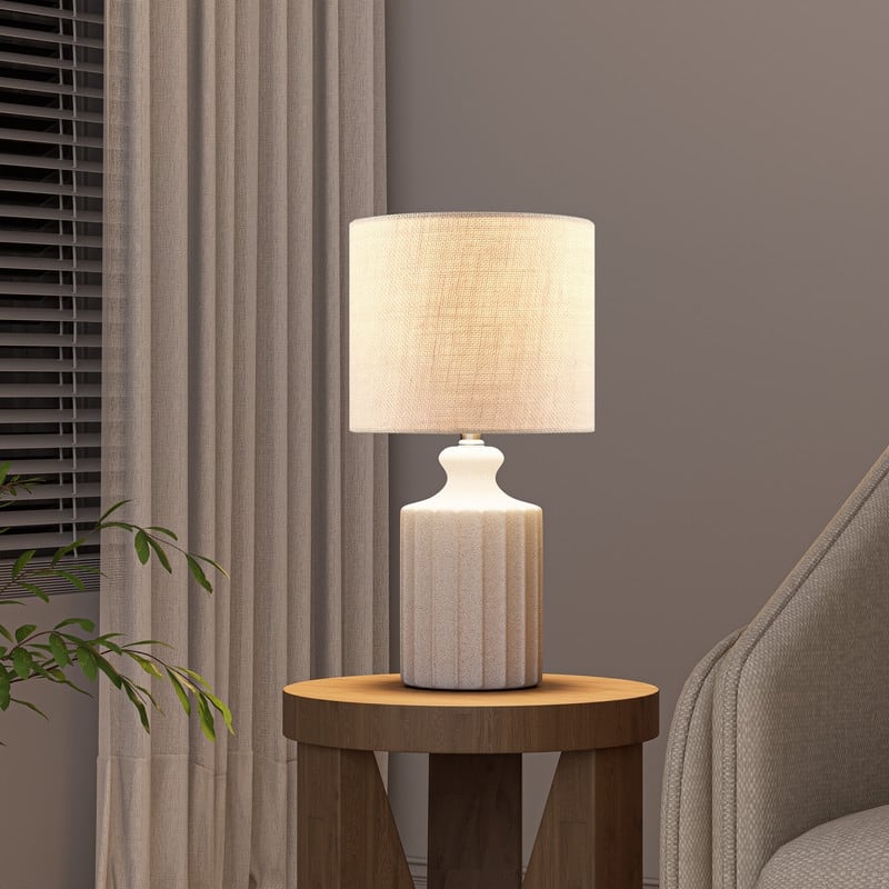 KAWOTI Modern White Ceramic Table Lamp with Linen Drum Shade - W9" x 17.5"