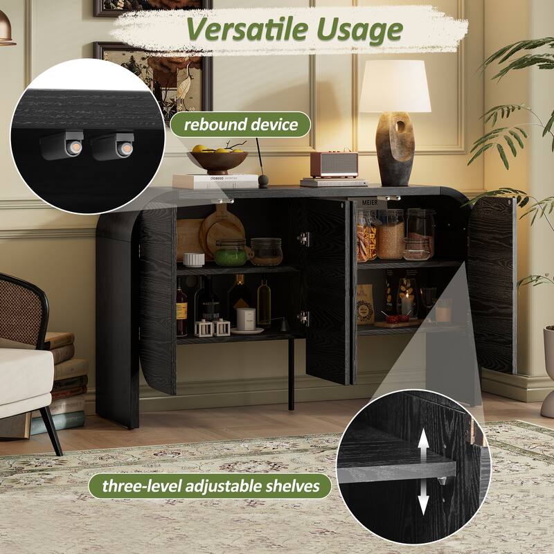 Retro 4 Doors Buffet Cabinet Curvy Edg Sideboard Cabinet with Adjustable Shelves, for Living Room, Kitchen, Black