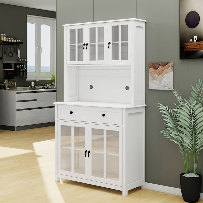 Kitchen Pantry Cabinet with 1 Large Drawer, Buffet Cabinet with Microwave Oven Countertop, Cabinet with Adjustable Shelves