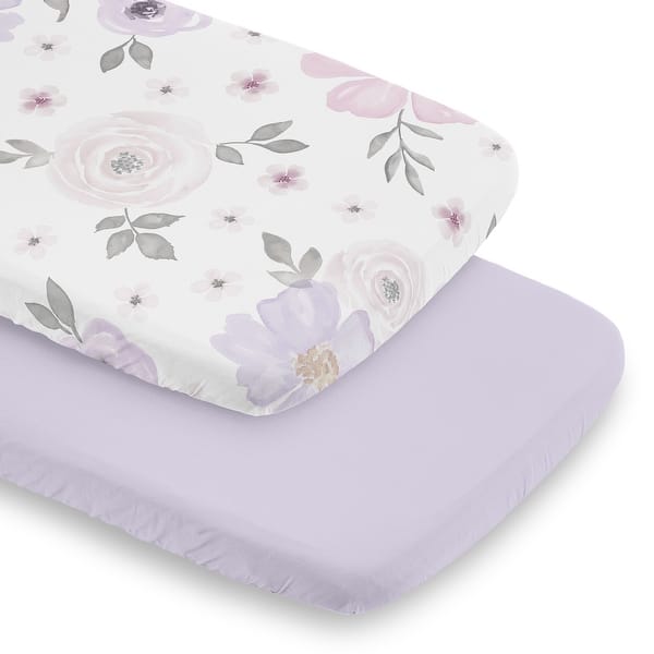 slide 2 of 6, Sweet Jojo Designs Purple Boho Floral Girl 2 Pack Baby Bassinet Fitted Sheets Lavender Pink Bohemian Shabby Watercolor Farmhouse