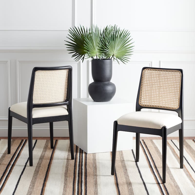 SAFAVIEH Sylva Rattan Cushion Dining Chair (Set of 2) - 19" W x 17.5" L x 32" H - 19Wx18Dx32H - White/Black
